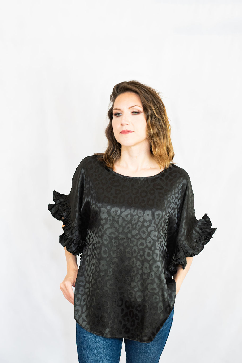 Jodifl Satin Leopard Print Pleated Ruffle Dolman Sleeve Top 