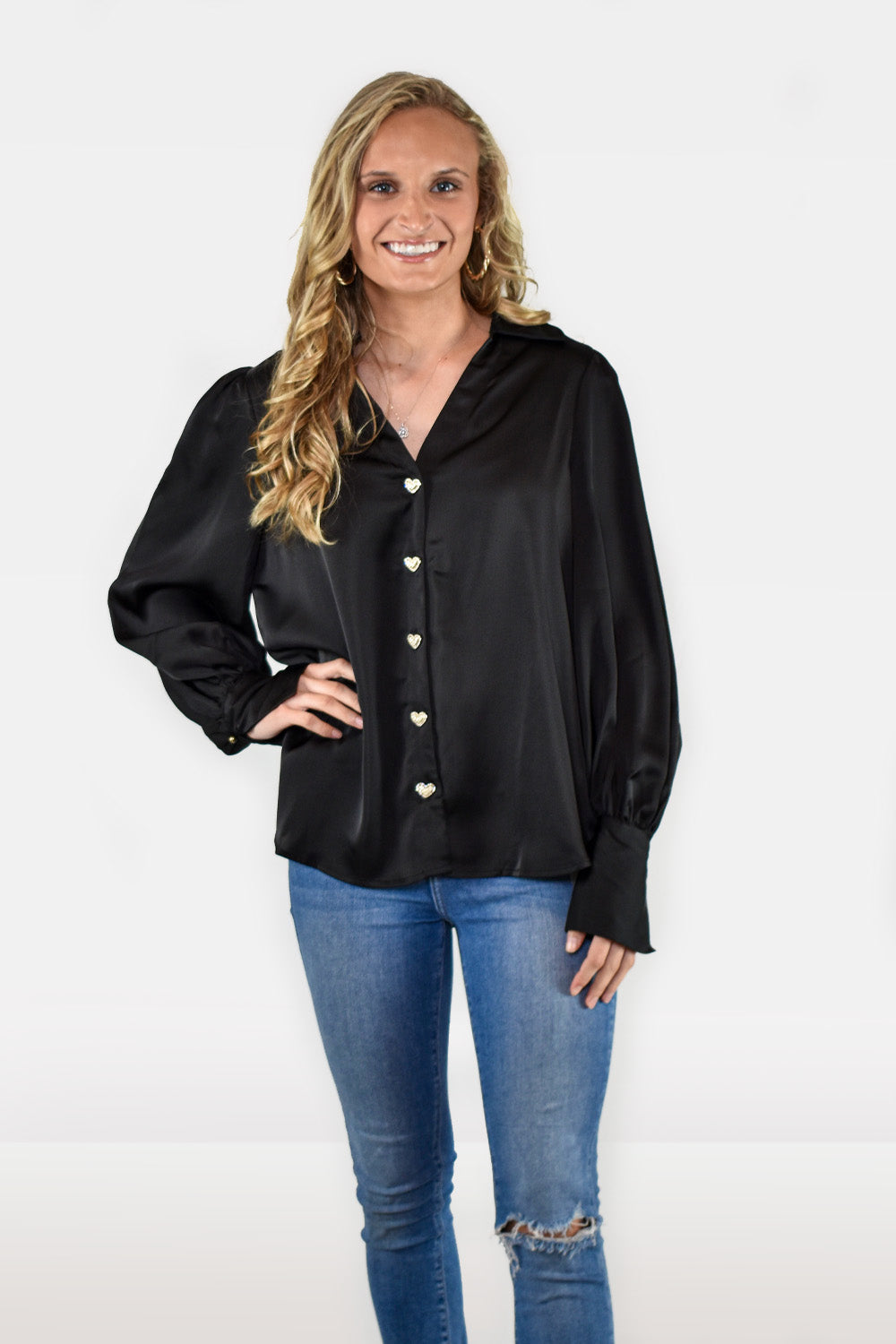 Satin Long Sleeve Blouse with Heart Shaped Buttons by Entro Clothing