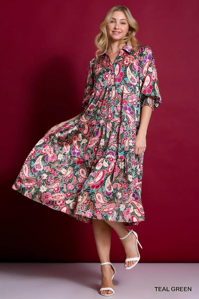 Satin Paisley Tiered Midi Dress with Collar by Umgee Clothing