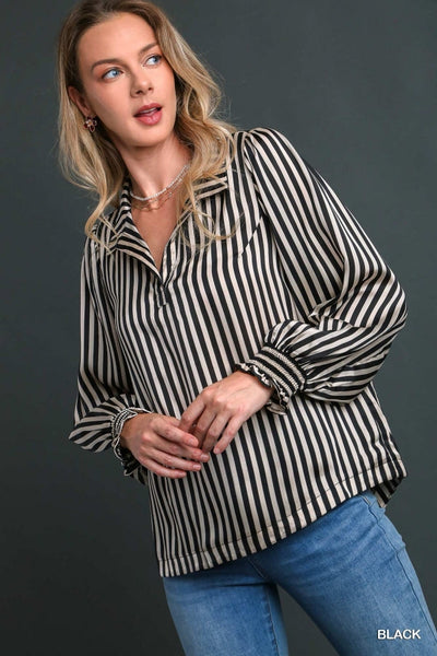 Satin Stripe Split Neck Long Sleeve Blouse by Umgee Clothing