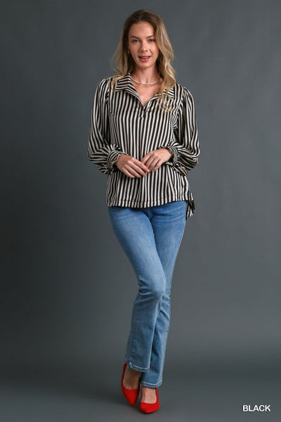 Satin Stripe Split Neck Long Sleeve Blouse by Umgee Clothing