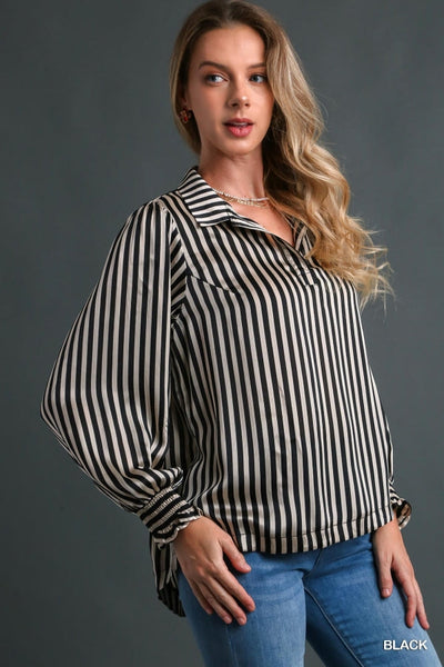 Satin Stripe Split Neck Long Sleeve Blouse by Umgee Clothing
