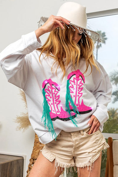 Sequin Fringe Western Boots Embroidered Sweatshirt by BiBi Clothing
