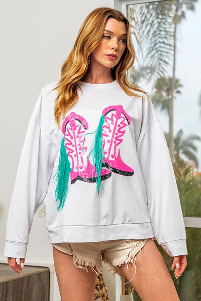 Sequin Fringe Western Boots Embroidered Sweatshirt by BiBi Clothing