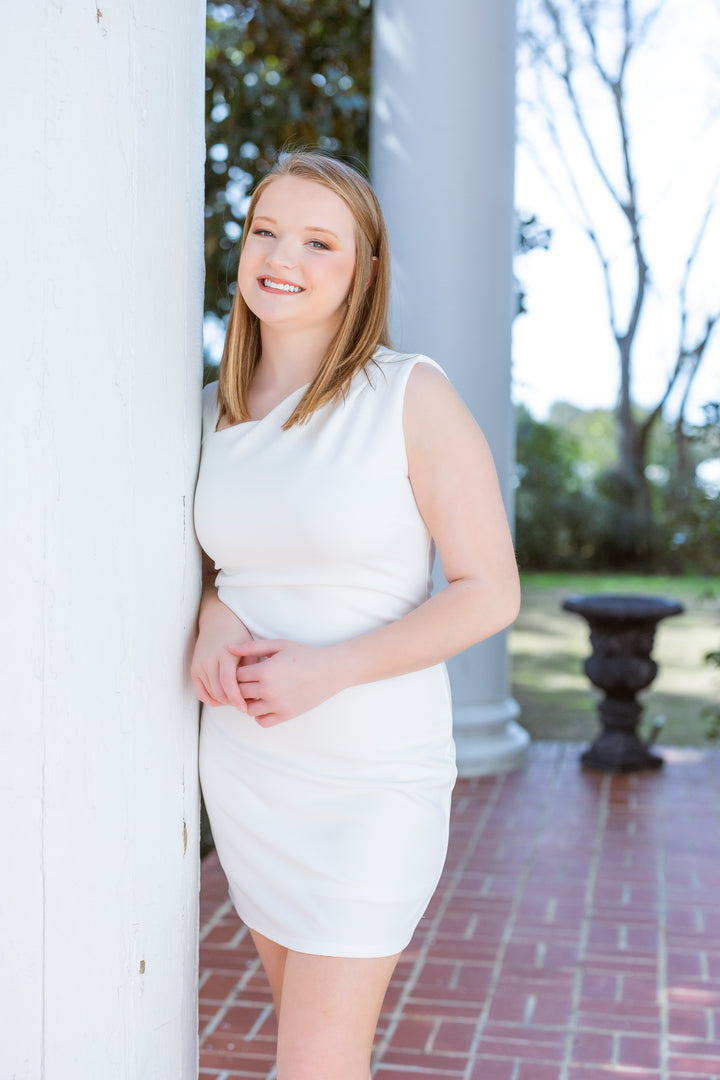 Sleeveless Asymmetrical Neck Knit White Mini Bridal Dress by She + Sky Hometown Heritage Boutique Sleeveless Asymmetrical Neck Knit White Mini Bridal Dress by She + Sky Hometown Heritage Boutique