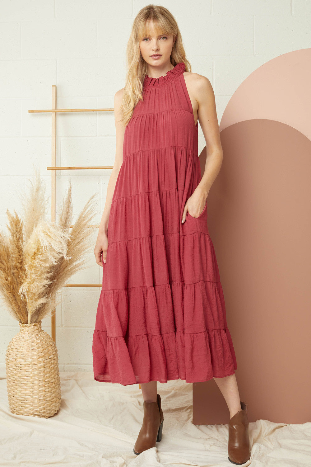 Sleeveless Mock Neck Tiered Maxi Dress by Entro Clothing