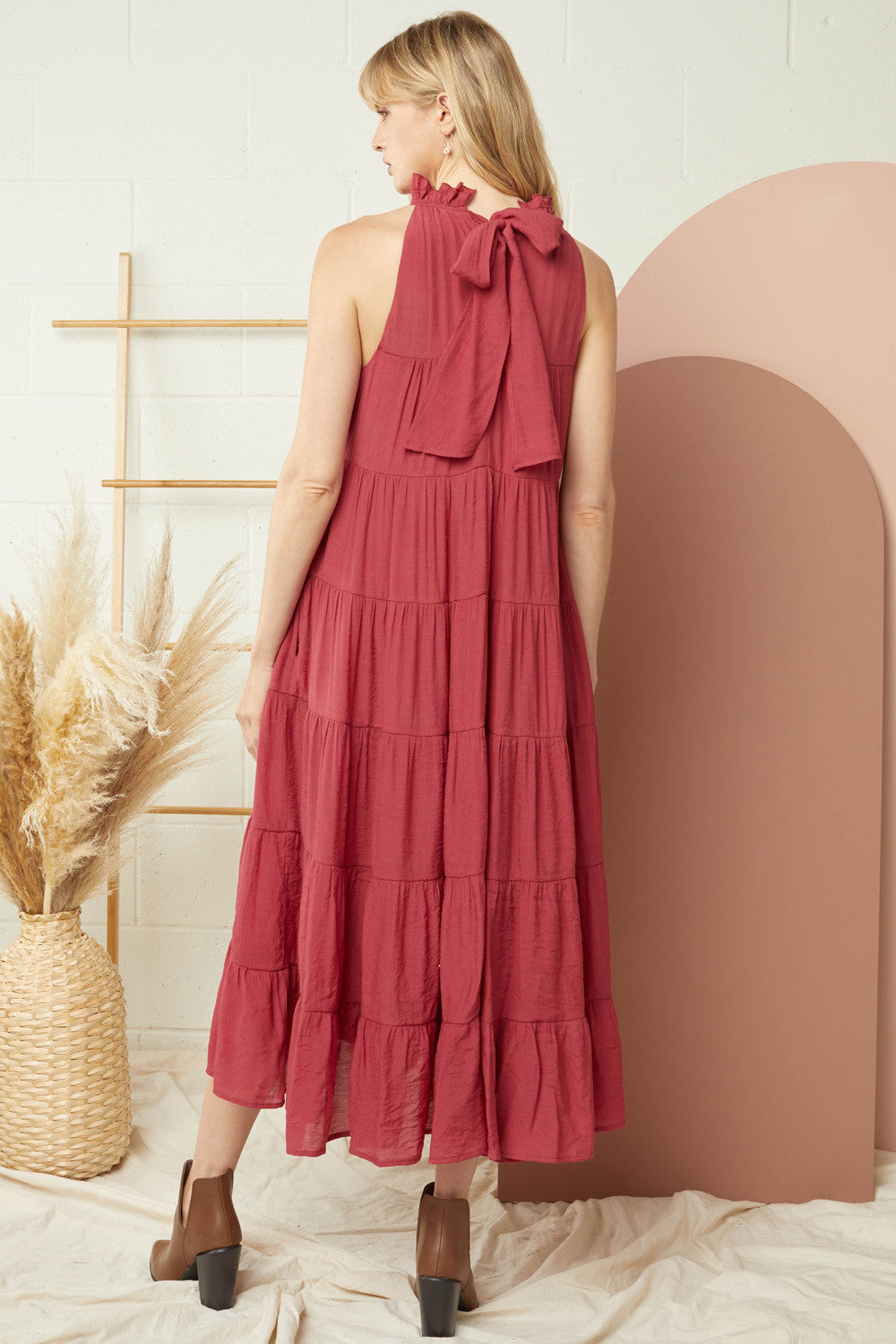 Entro Clothing Sleeveless Mock Neck Tiered Maxi Dress L / Ruby Entro Clothing Sleeveless Mock Neck Tiered Maxi Dress L / Ruby