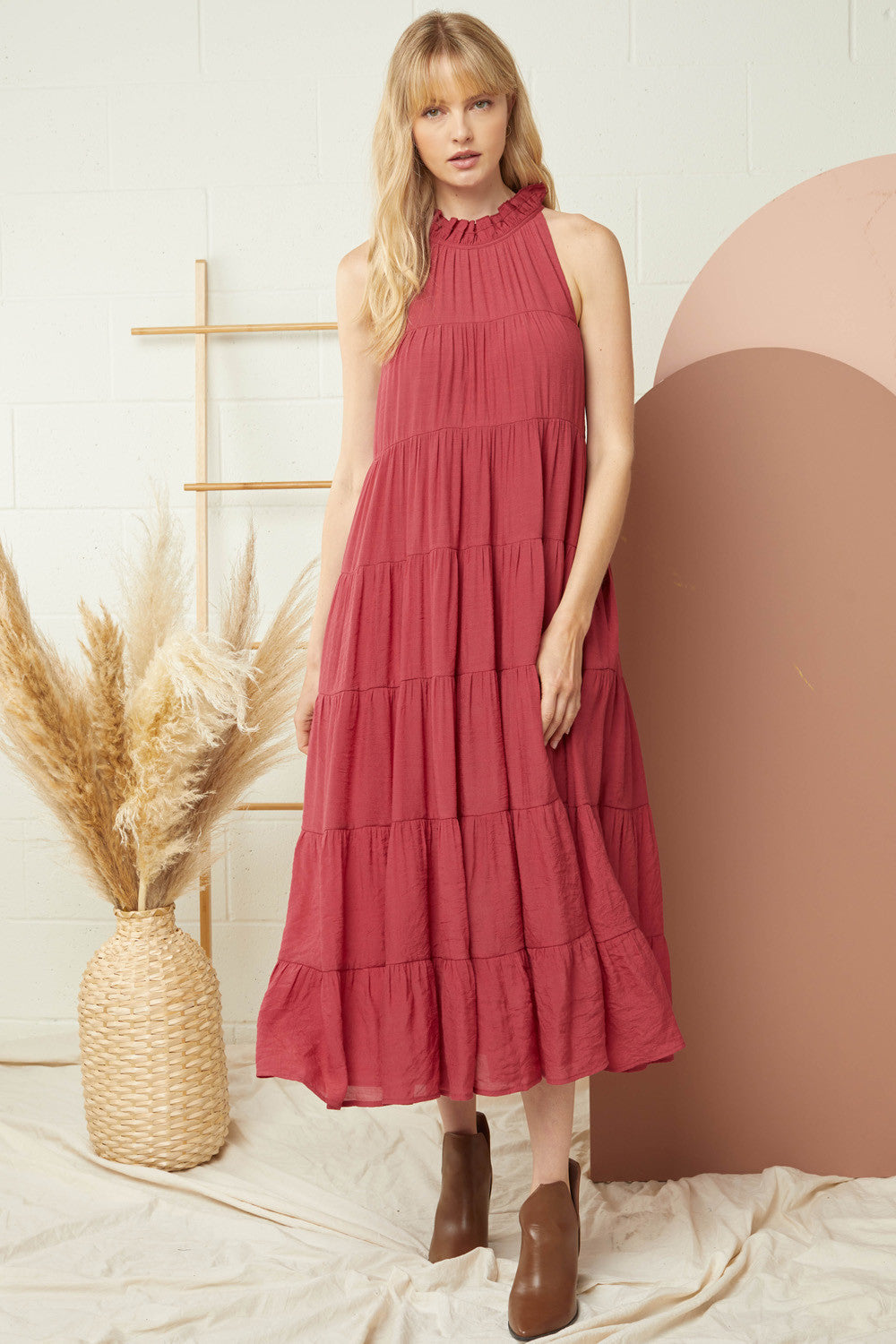 Sleeveless Mock Neck Tiered Maxi Dress by Entro Clothing