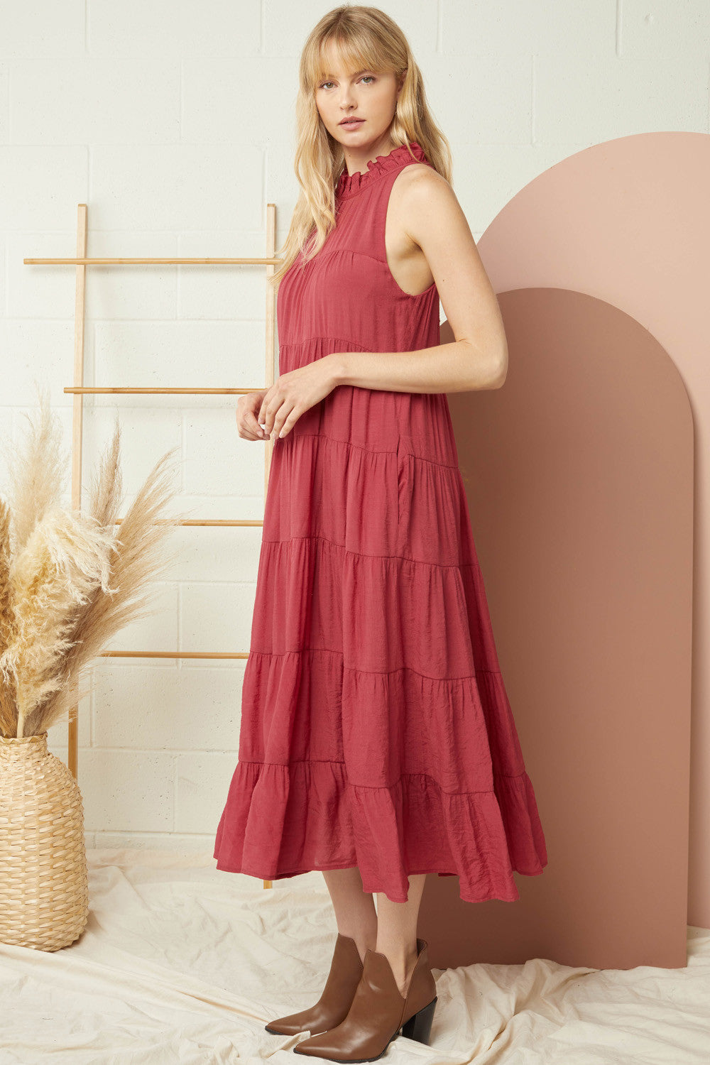 Sleeveless Mock Neck Tiered Maxi Dress by Entro Clothing