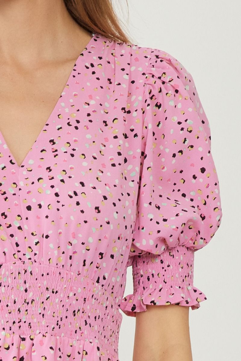 Smocked Half Sleeve Pink Confetti Mini Dress by Entro Clothing