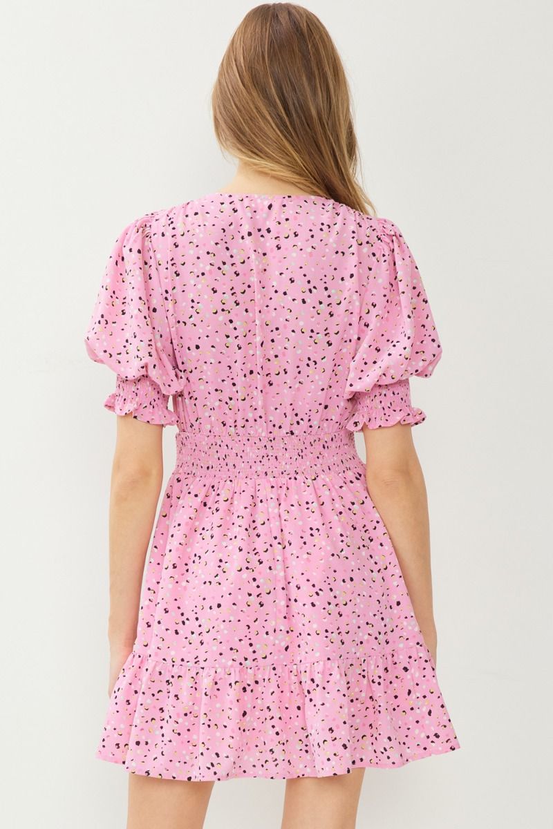 Smocked Half Sleeve Pink Confetti Mini Dress by Entro Clothing