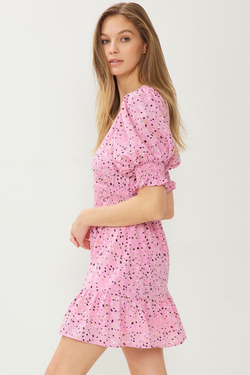 entro pink dress Entro Pink Collared Puff Sleeve Pinstripe Midi Dress