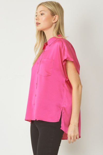 Solid Button Down Collared Blouse with Left Chest Pocket by Entro Clothing