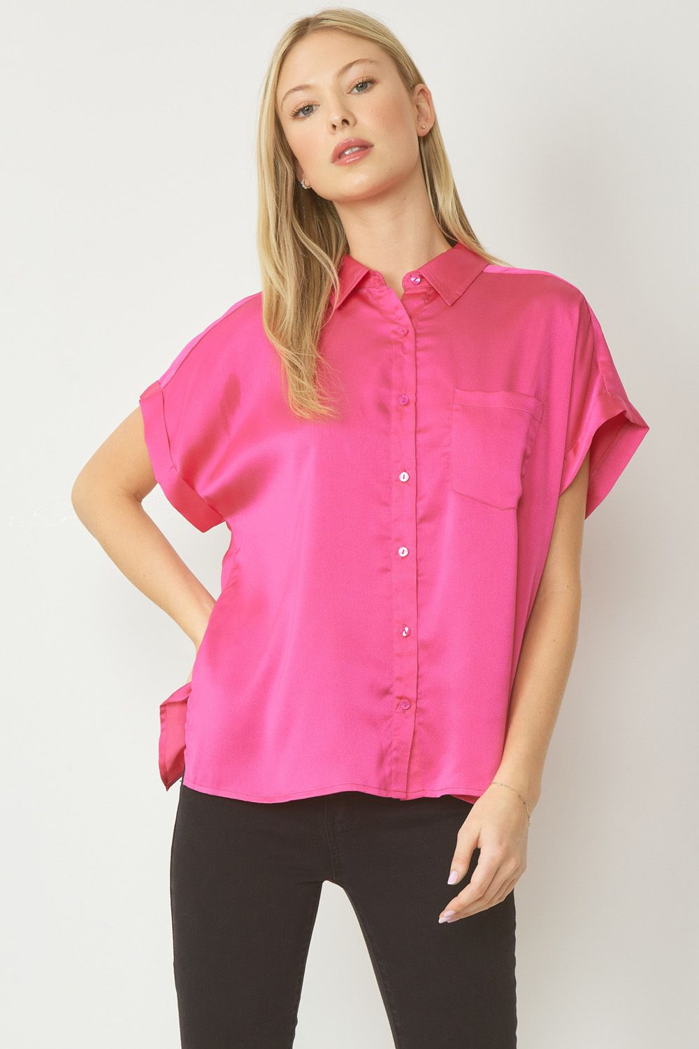 Solid Button Down Collared Blouse with Left Chest Pocket by Entro Clothing