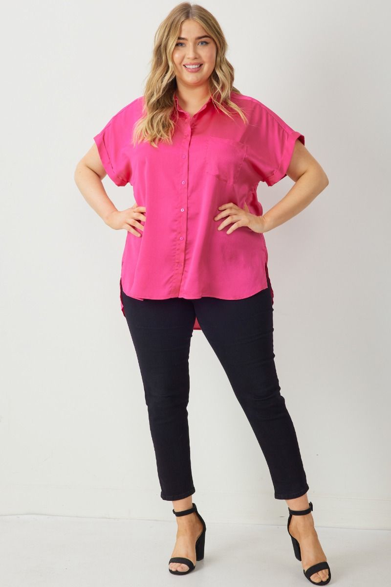Solid Button Down Collared Blouse with Left Chest Pocket in Plus Size by Entro Clothing