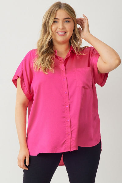 Solid Button Down Collared Blouse with Left Chest Pocket in Plus Size by Entro Clothing