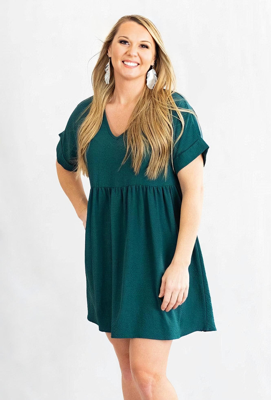 Solid Rolled Sleeve Basic Babydoll Dress by Entro Clothing Solid Rolled Sleeve Basic Babydoll Dress by Entro Clothing