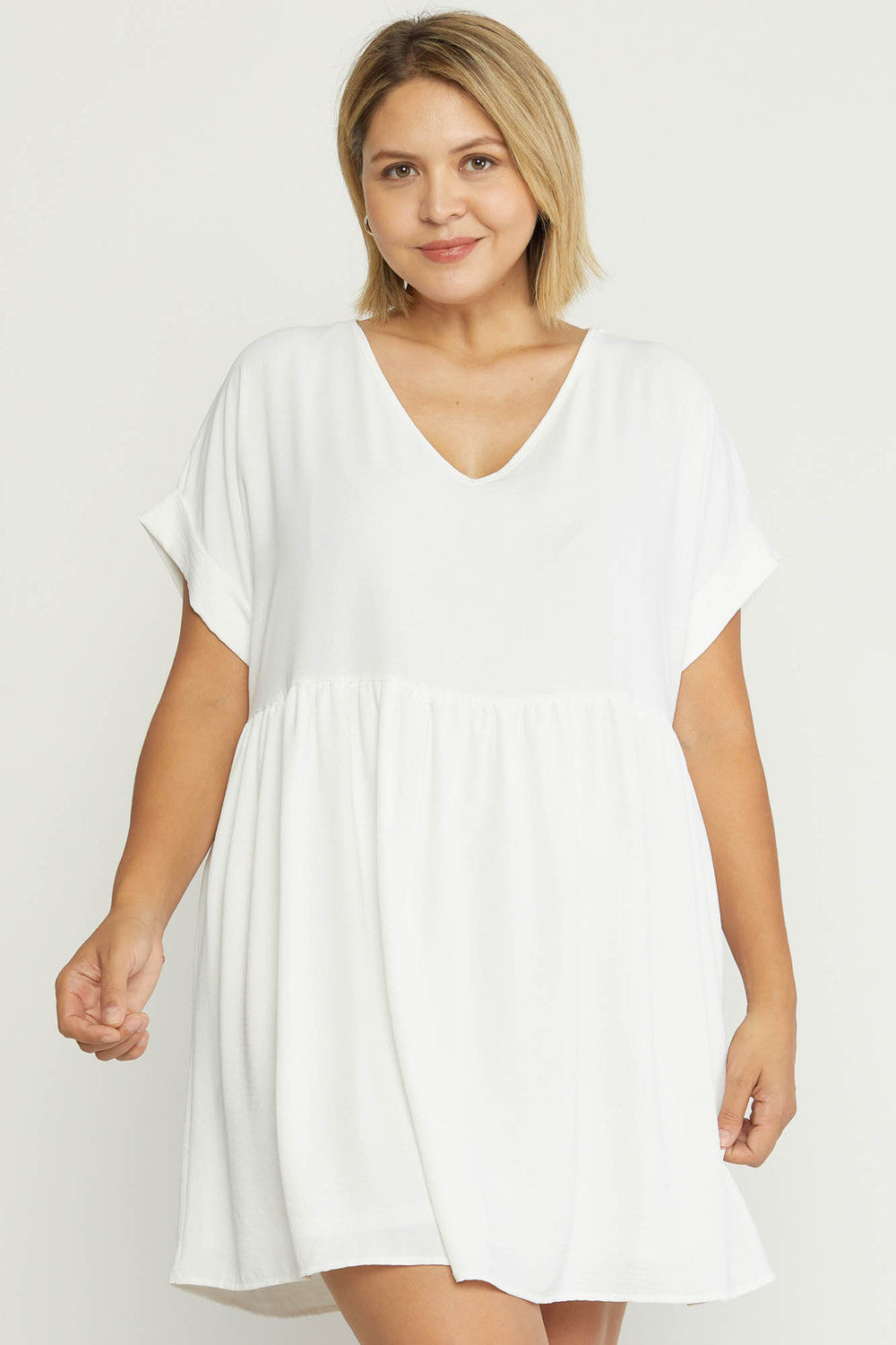 Entro Clothing Plus Size Solid Rolled Sleeve Basic Babydoll Dress XL / Off White Entro Clothing Plus Size Solid Rolled Sleeve Basic Babydoll Dress XL / Off White