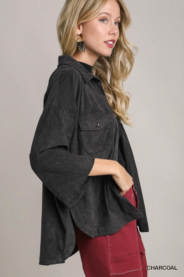 Solid Suede Long Sleeve Button Down Top by Umgee Clothing