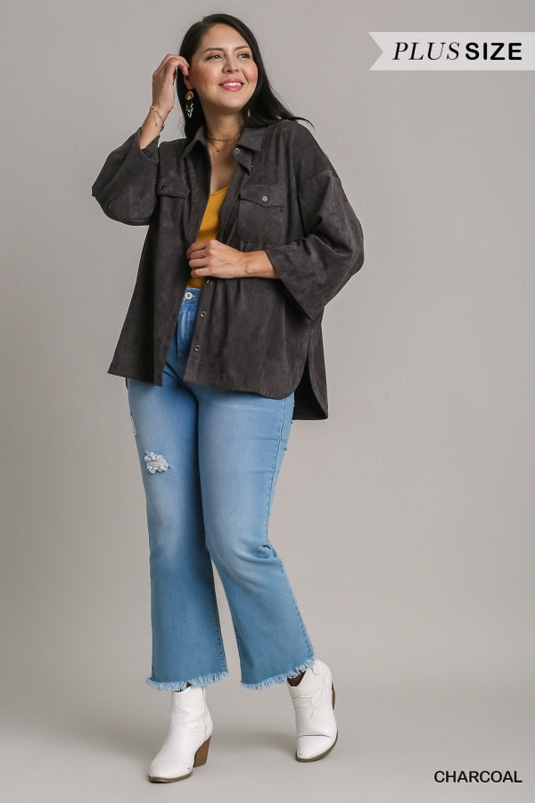 Solid Suede Long Sleeve Button Down Top in Plus Size by Umgee Clothing