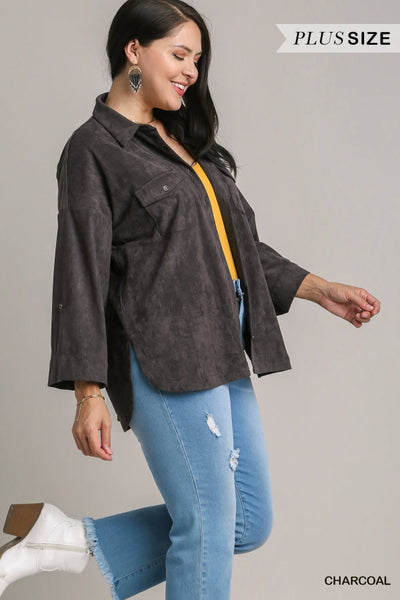 Solid Suede Long Sleeve Button Down Top in Plus Size by Umgee Clothing