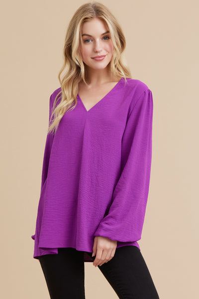Solid V-Neck Bubble Sleeve Purple Blouse by Jodifl Clothing