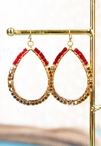 Tanya Red & Gold Beaded Teardrop Earrings