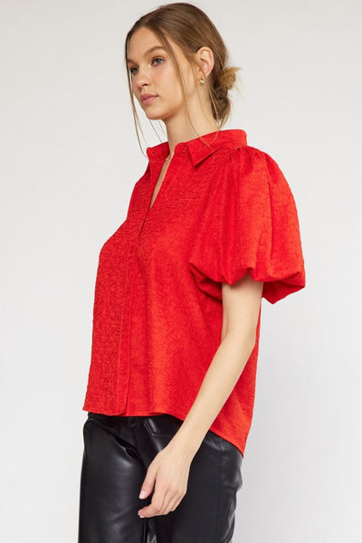 Textured Button Up Front Puff Sleeve Top by Entro Clothing