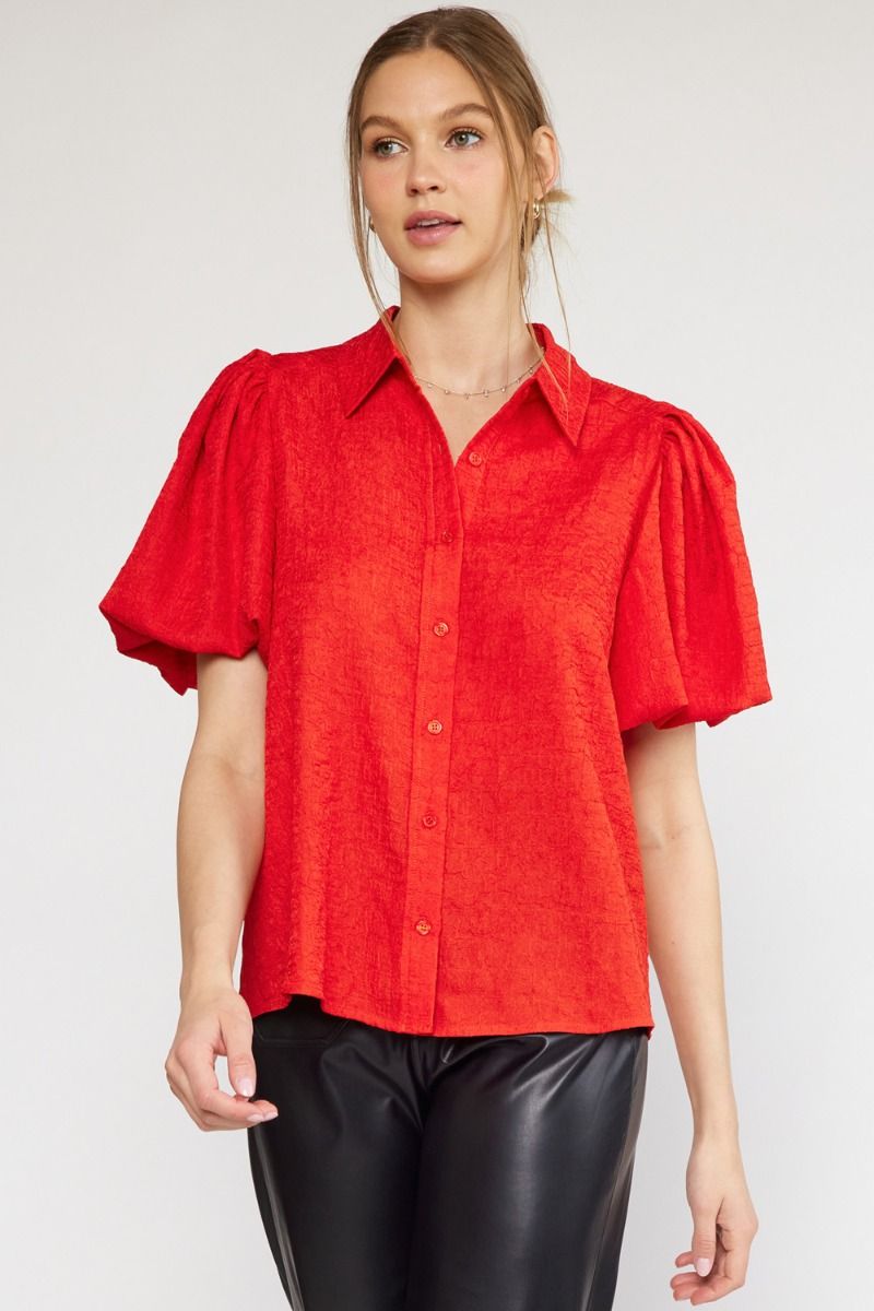 Entro Clothing Textured Button Up Front Puff Sleeve Top – Hometown ...
