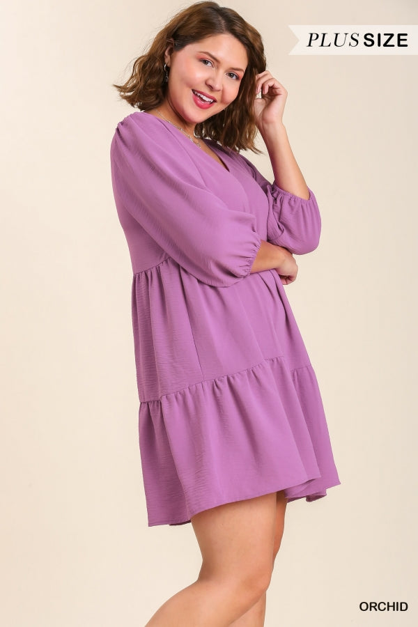 Tiered Babydoll Mini Dress with Quarter Length Sleeves in Plus Size by Umgee Clothing