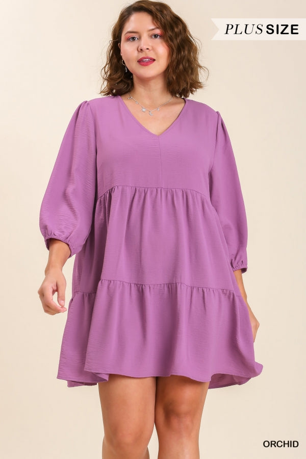 Tiered Babydoll Mini Dress with Quarter Length Sleeves in Plus Size by Umgee Clothing
