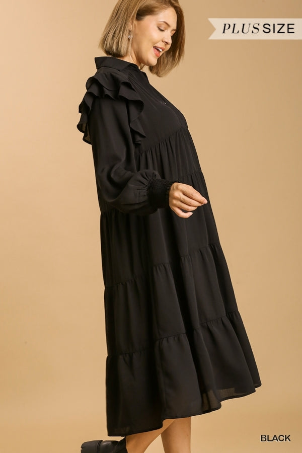 Tiered Long Sleeve Maxi Dress with Ruffle Shoulder Detail in Plus Size by Umgee Clothing