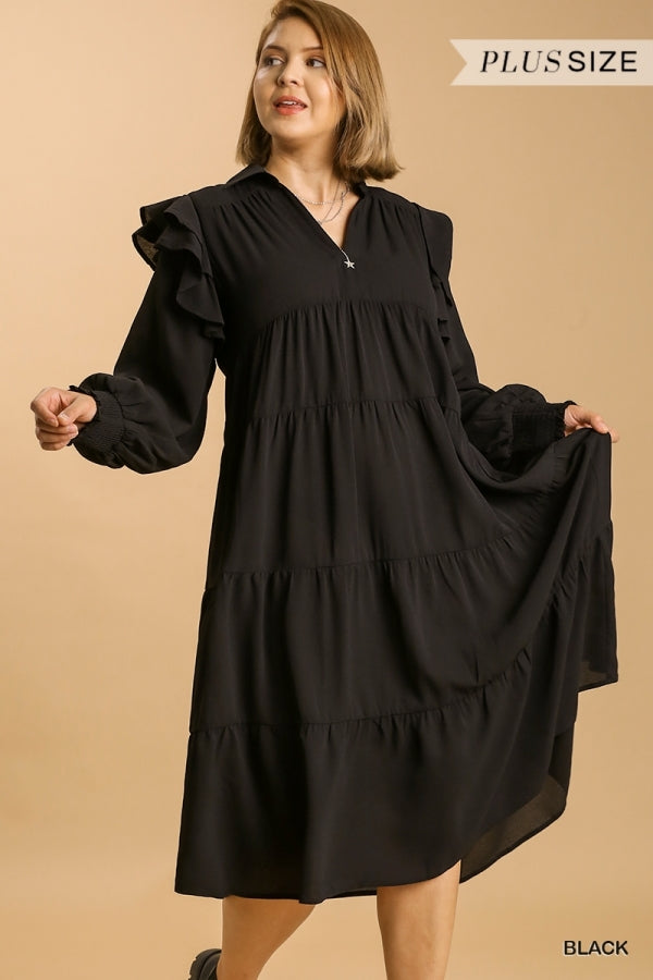 Tiered Long Sleeve Maxi Dress with Ruffle Shoulder Detail in Plus Size by Umgee Clothing