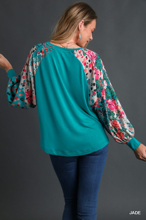 Top with Long Mixed Print Bubble Sleeves by Umgee Collection