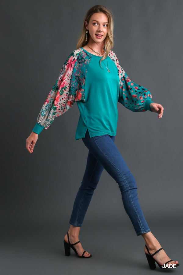 Top with Long Mixed Print Bubble Sleeves by Umgee Collection