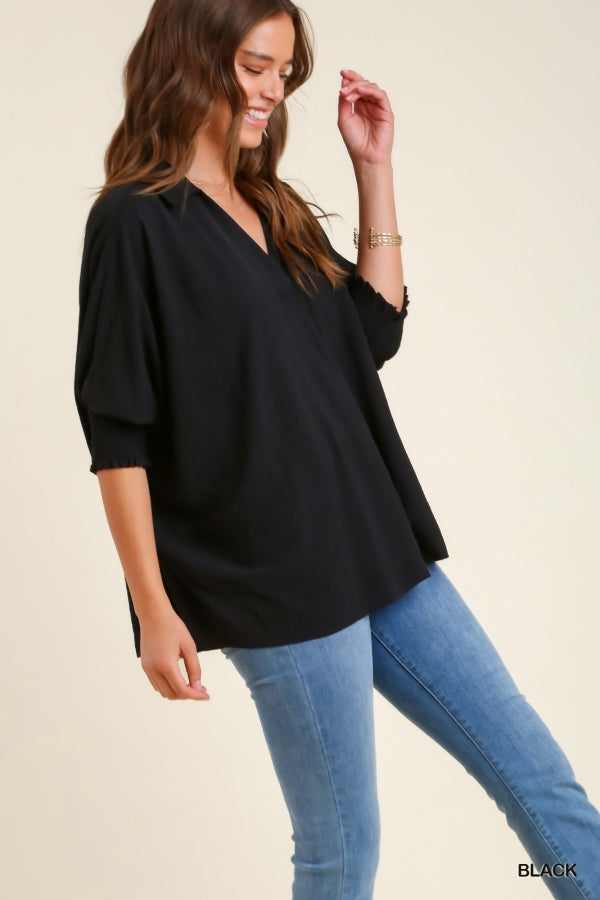 V-Neck Basic Blouse Top with Half Smocked Cuff Sleeves by Umgee Clothing