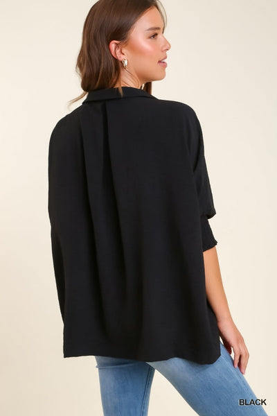 V-Neck Basic Blouse Top with Half Smocked Cuff Sleeves by Umgee Clothing