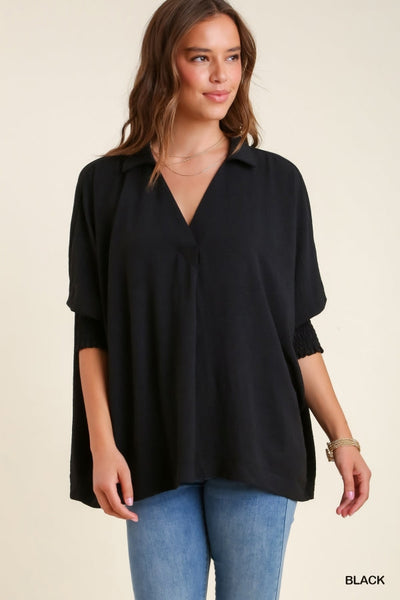 V-Neck Basic Blouse Top with Half Smocked Cuff Sleeves by Umgee Clothing