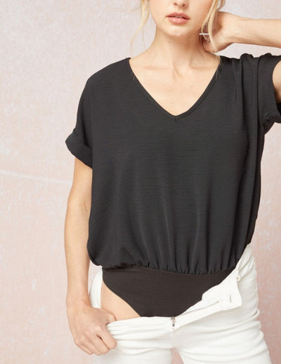 V-Neck Bodysuit with Rolled Sleeves by Entro