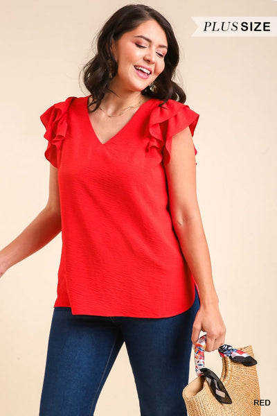 V-Neck Double Layered Flutter Sleeve Top in Plus Size by Umgee Clothing