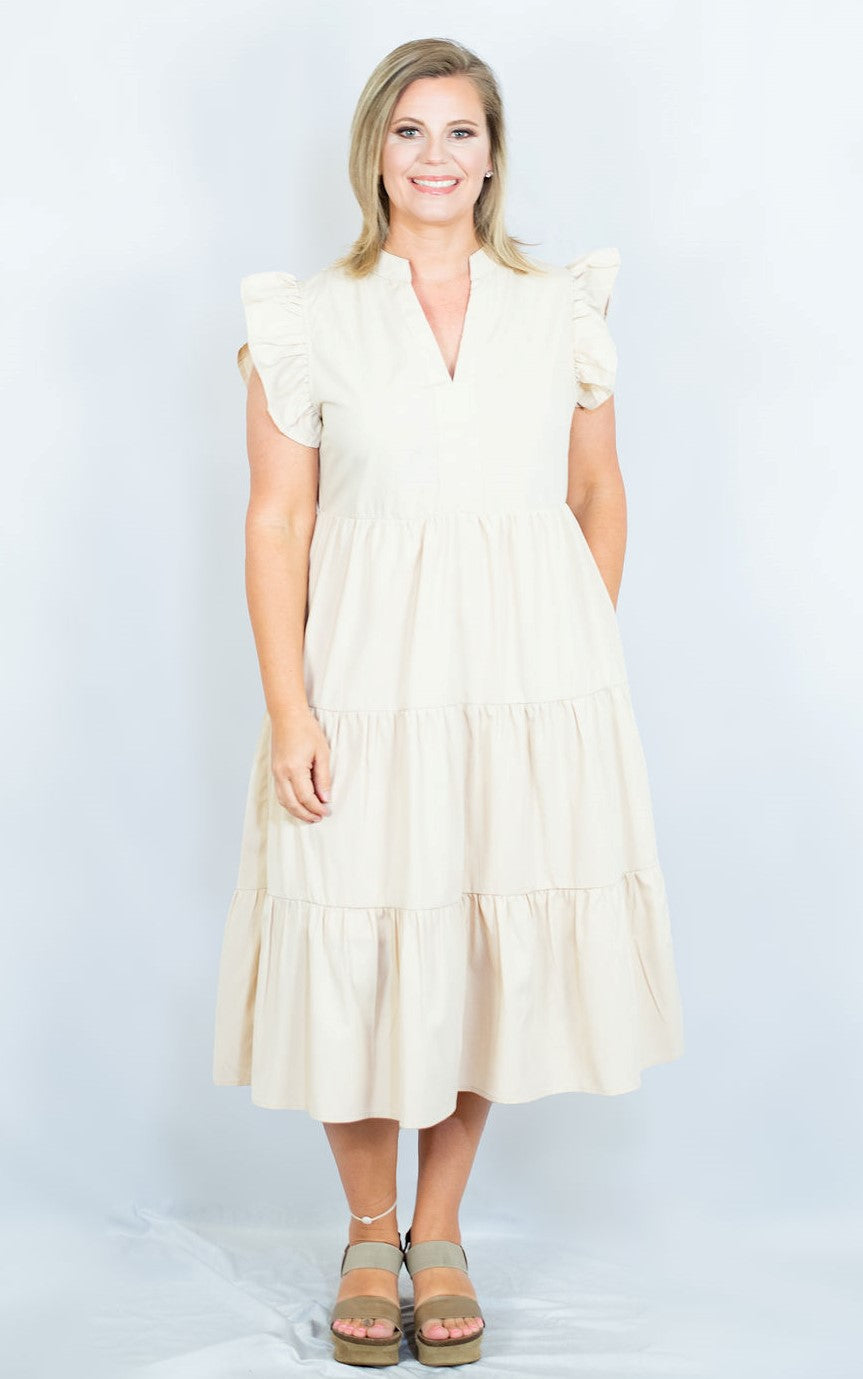 V-Neck Ruffle Sleeve Tiered Midi Dress with Pockets by Entro Clothing