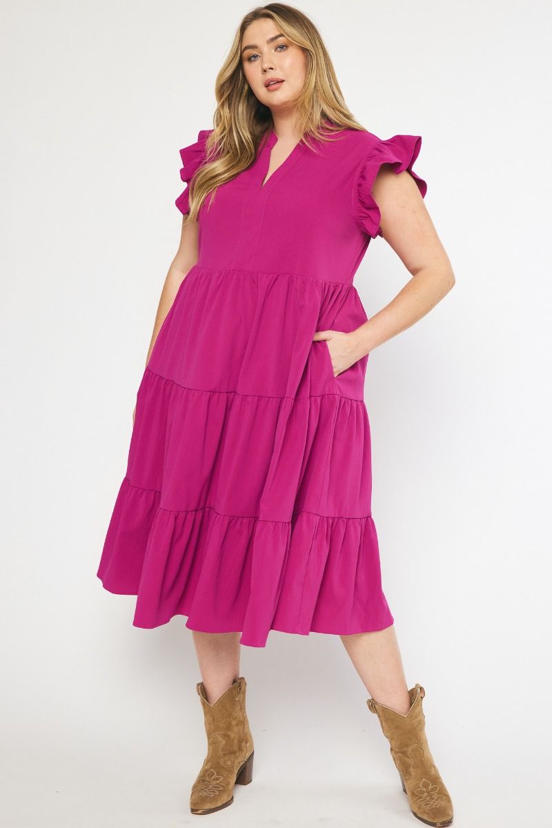 Entro Plus Size V-Neck Ruffle Sleeve Tiered Midi Dress with