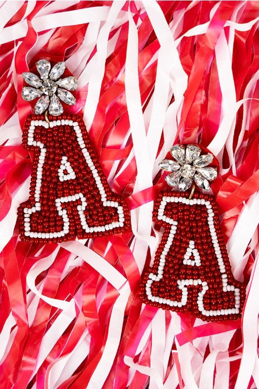Viola Bejeweled Red & White 'A' Seed Bead Earrings