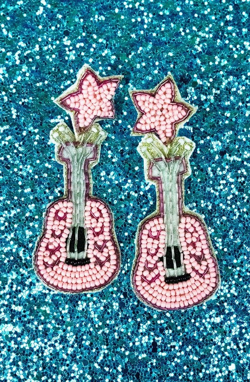 Viola Pink Stars Guitar Seed Bead Earrings