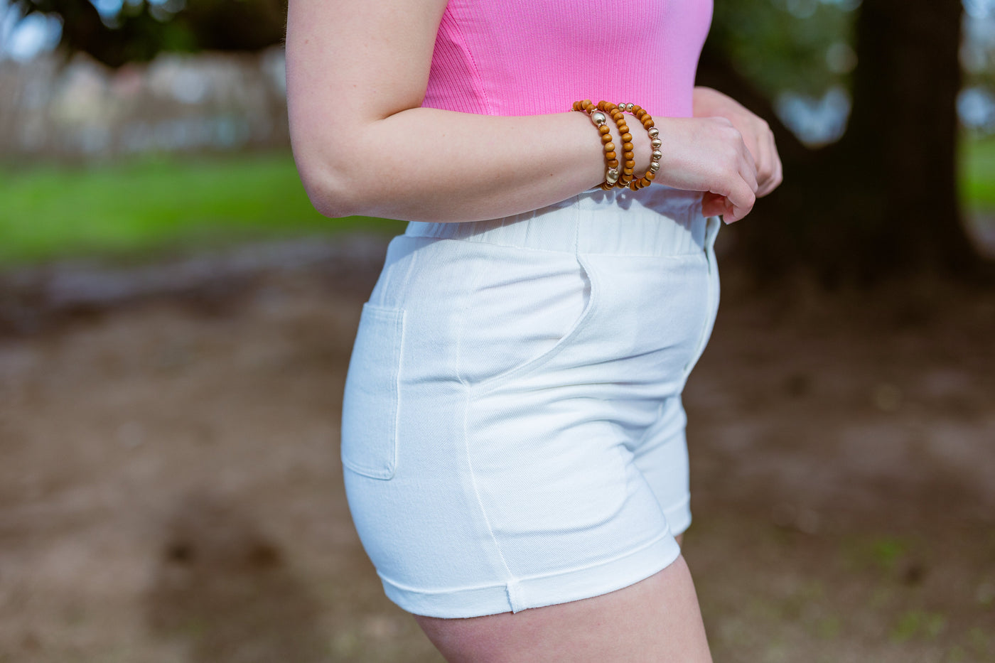 White Paperbag Twill Shorts by She & Sky Collection