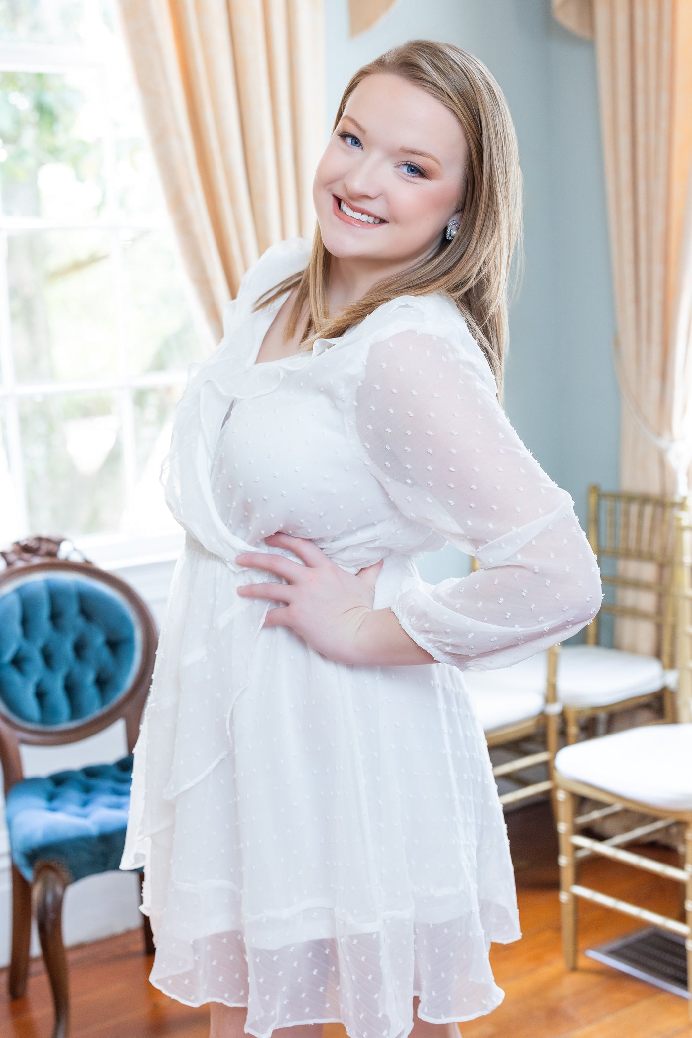 White Quarter Sleeve Ruffle Swiss Dot Bridal Dress by Entro Clothing Hometown Heritage Boutique White Quarter Sleeve Ruffle Swiss Dot Bridal Dress by Entro Clothing Hometown Heritage Boutique