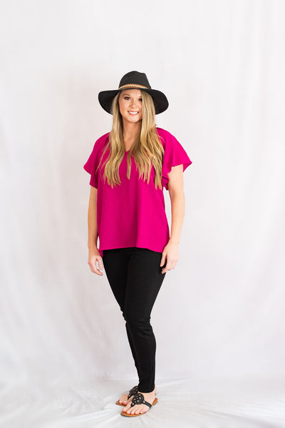 Basic Ruffle Sleeve V-Neck Blouse by Entro Clothing