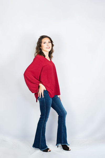 Basic Solid Blouse with Long Bubble Sleeves by Jodifl
