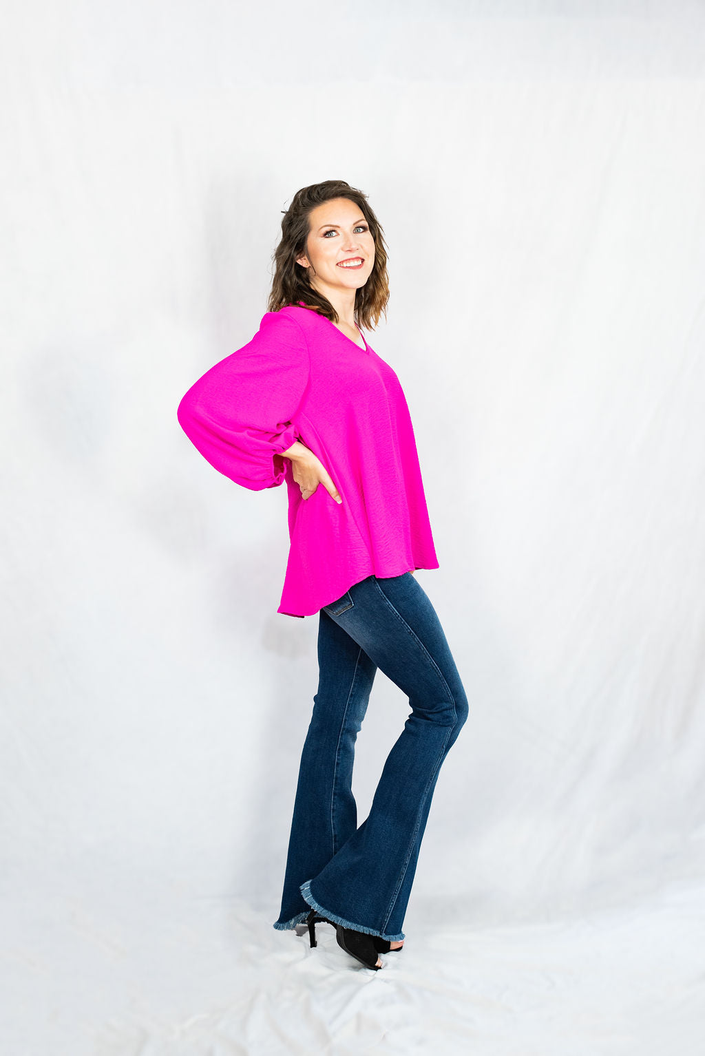 Basic Solid Blouse with Long Bubble Sleeves by Jodifl