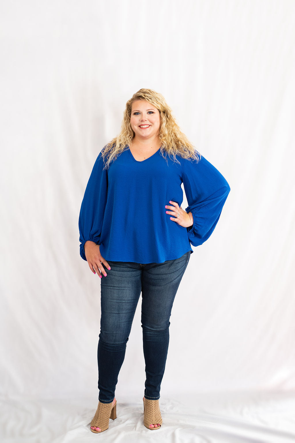 Basic Solid Blouse with Long Bubble Sleeves in Plus Size by Jodifl